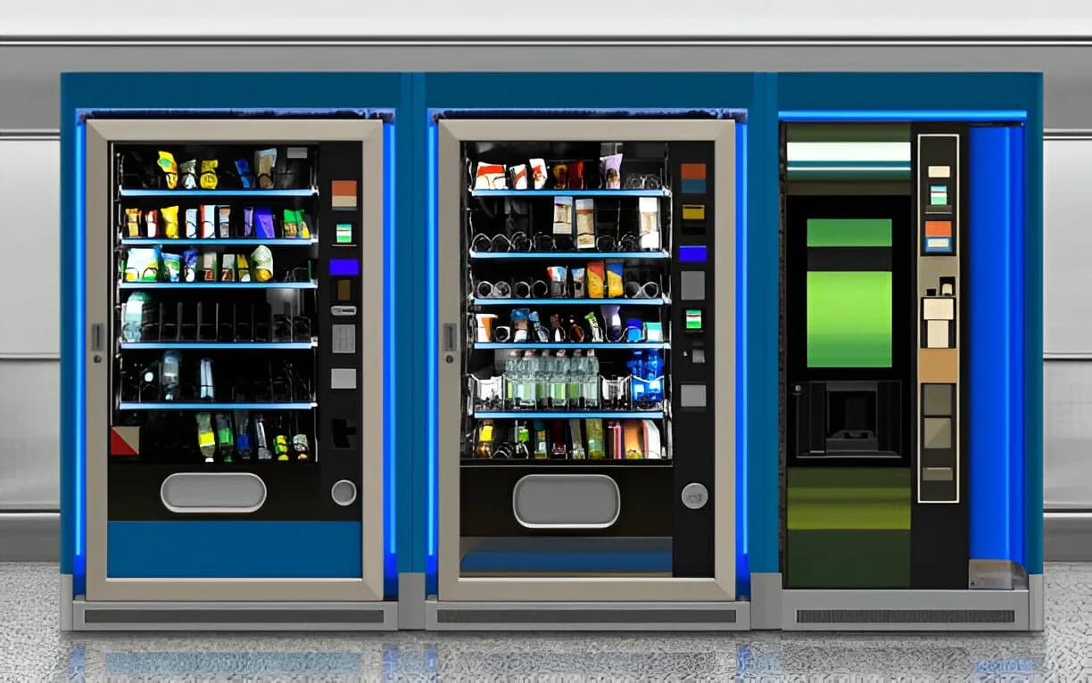 A row of snack and drink vending machines